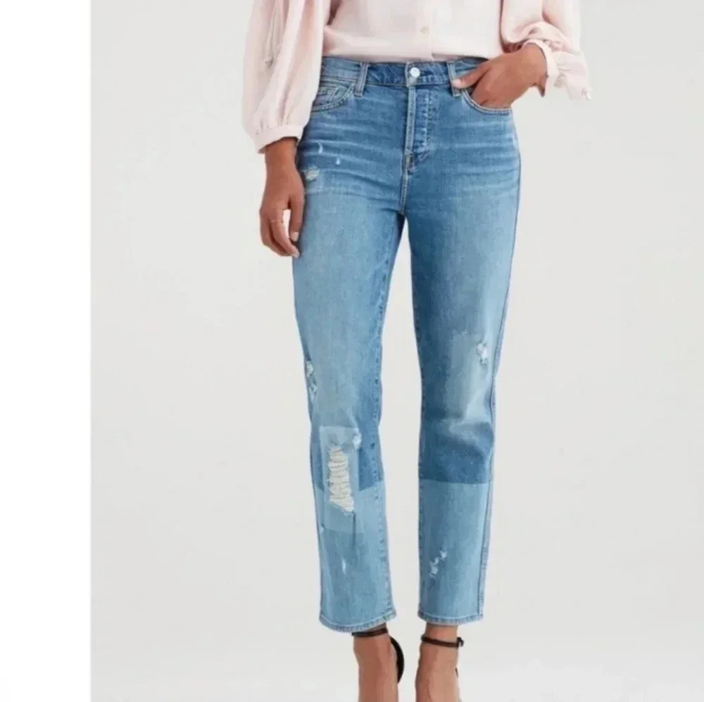 7 For All Mankind Edie Highrise Patchwork Slightly Distressed Straight Jeans(26)